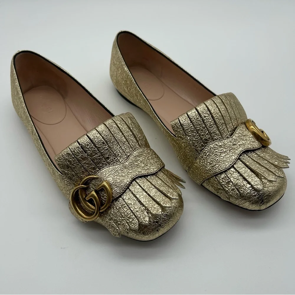 Gucci Gold Galassia Platino GG Marmont Fringe Ballet Flats Loafers Size 36.5 - Picture 2 of 11